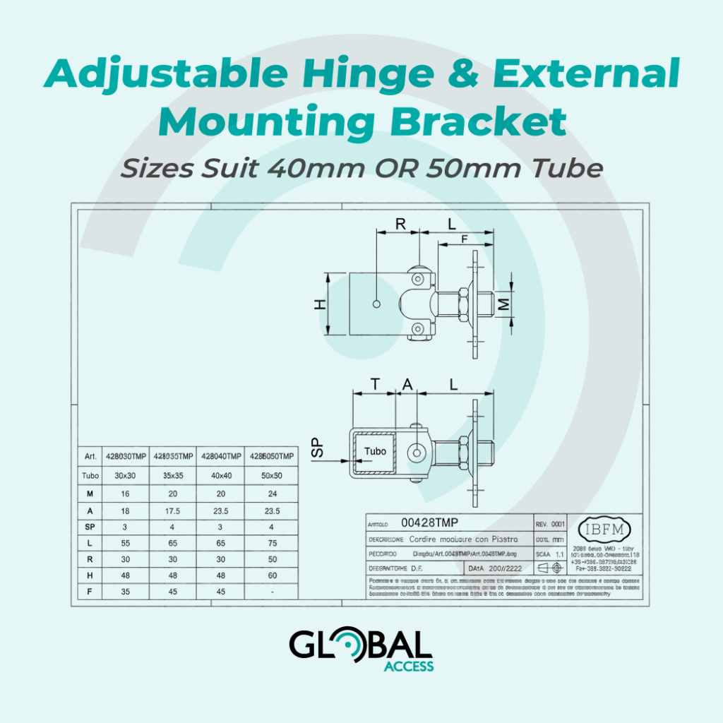 Adjustable Hinge & External Mounting Bracket - Sizes Suit 40mm OR 50mm Tube