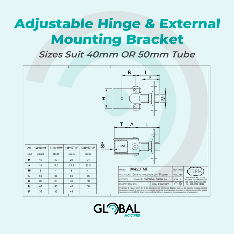 Adjustable Hinge & External Mounting Bracket - Sizes Suit 40mm OR 50mm Tube