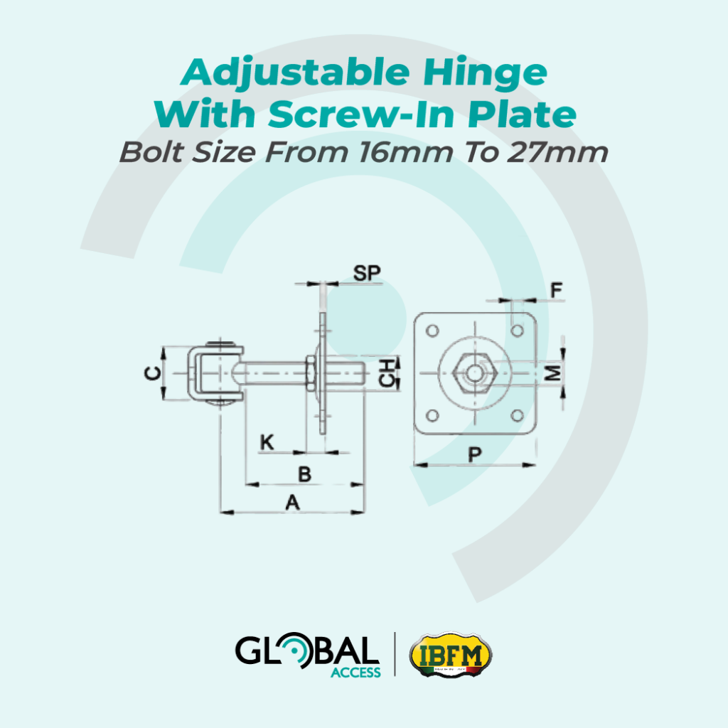 IBFM Adjustable Hinge With Screw-In Plate - Bolt Size From 16mm To 27mm