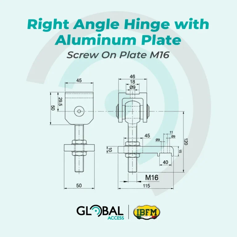 IBFM Right Angle Hinge with Aluminum Plate - Screw On Plate M16