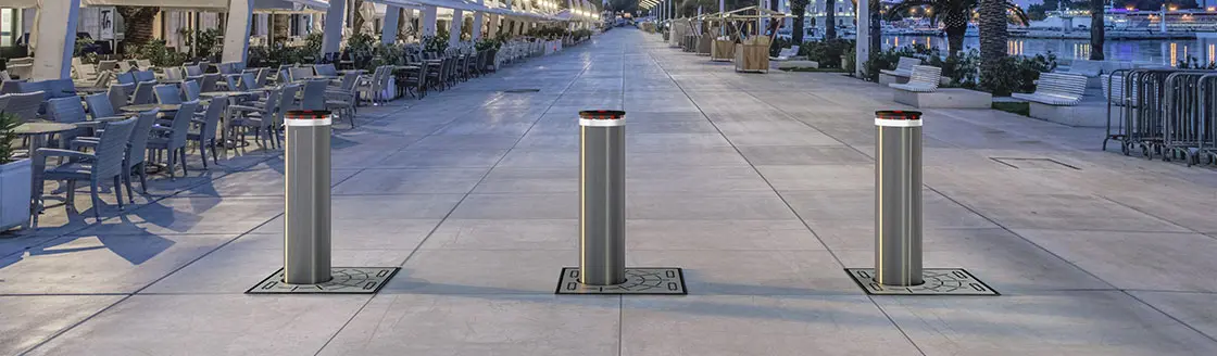 FAAC JS 80 bollards installed in a waterfront pedestrian precinct