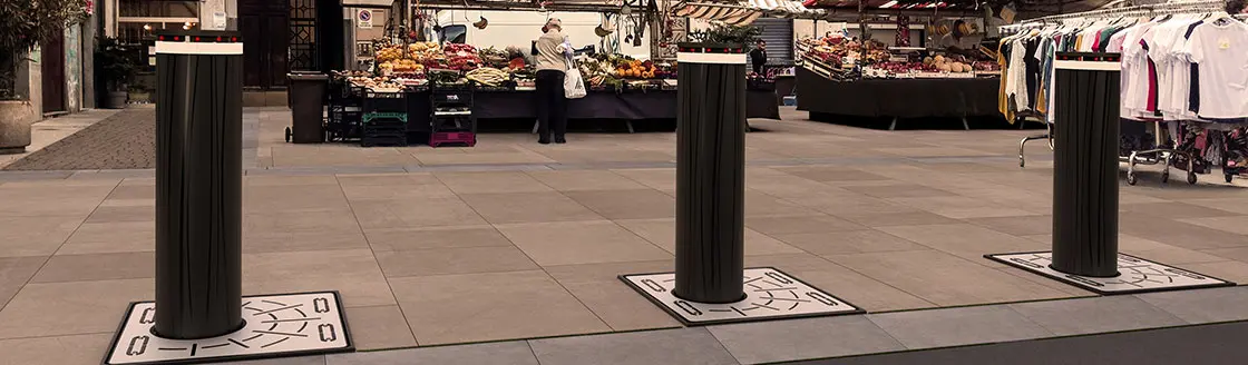 FAAC JS 48 high-security bollards in an urban pedestrian precinct